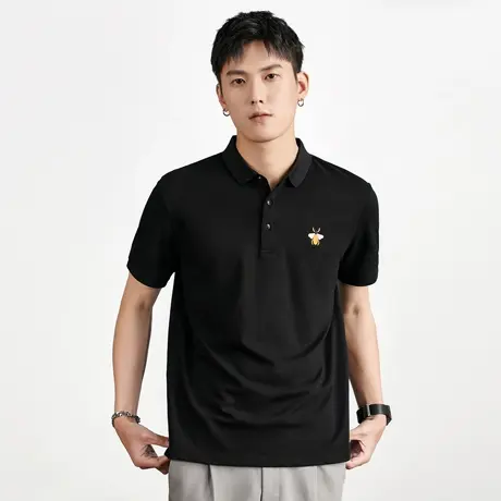 冰丝珠地polo衫 黑色丝光刺绣有领短袖t恤男2023夏季翻领半袖体恤商品大图