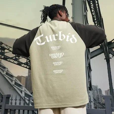 拼接重磅撞色西海岸美式华夫格插肩字母短袖T恤男潮宽松潮流半袖商品大图