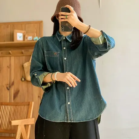 dza 复古纯棉polo领牛仔衬衫外套女士春季新款宽松上衣休闲衬衣女图片