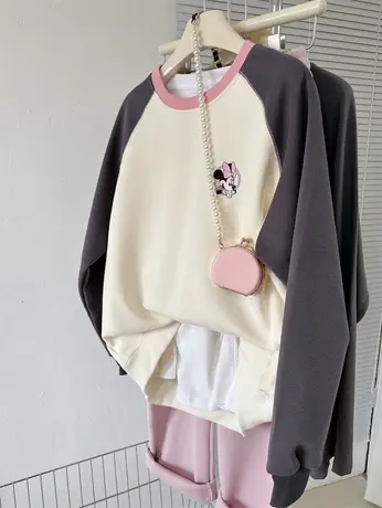 2024春季前后卡通撞色圆领上衣宽松中长款女INS潮减龄插肩袖卫衣商品大图