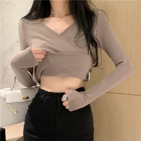 V领德绒打底衫女秋冬季内搭小众设计感别致纯欲风短款长袖T恤上衣商品大图