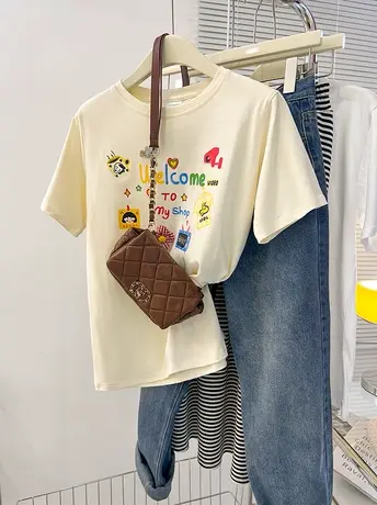 纯棉设计感小众绣花短袖t恤女夏季新款修身显瘦正肩上衣服小个子商品大图