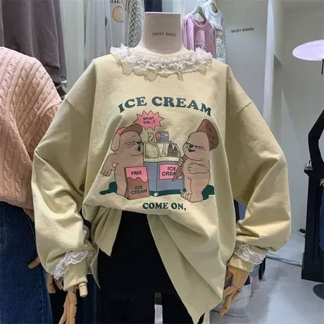 韩国东大门新款2024春款蕾丝花边卡通甜筒长袖T恤女打底衫上衣潮图片