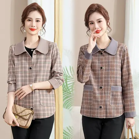 妈妈春秋装外套短款小香风2024新款中老年女洋气格子减龄宽松上衣图片