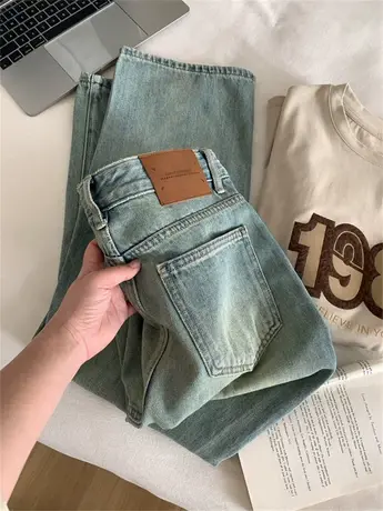 水洗做旧口袋拼色高腰直筒牛仔裤女显瘦百搭春夏款窄版阔腿拖地裤图片