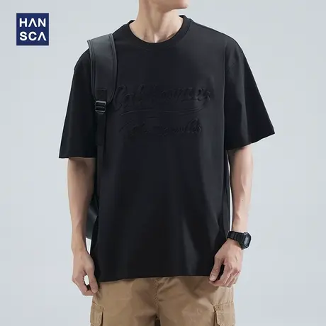 hansca 3D立体字母压花纯棉重磅短袖T恤男夏季潮牌宽松百搭体恤衫商品大图