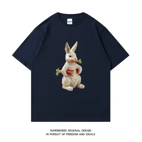 潮牌卡通兔子印花短袖t恤男夏季港风情侣装纯棉宽松半袖体恤衫商品大图