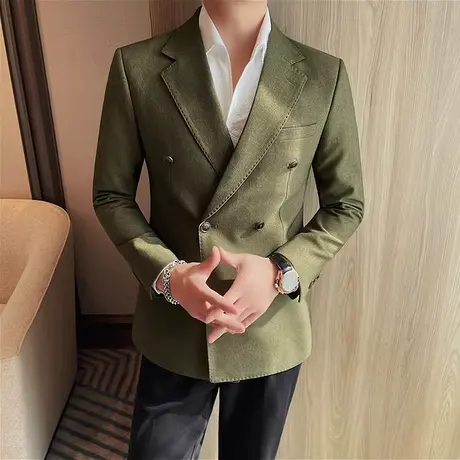 春季氛围感清新显白绿色西服男休闲单西平驳领双排扣商务通勤外套商品大图