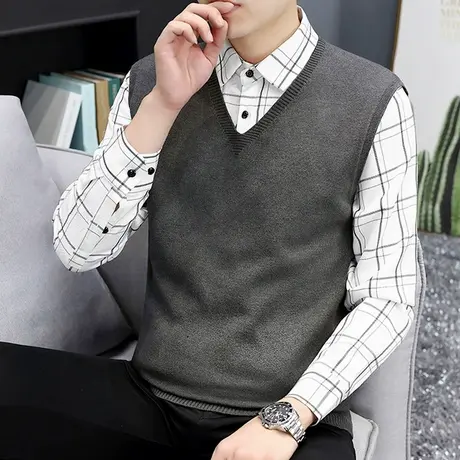 秋冬季假两件毛衣男士潮流帅气衬衫领针织打底衫秋装带领格子上衣商品大图