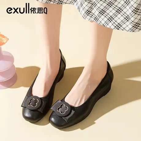 依思q工作鞋女黑色2024年新款春季坡跟一脚蹬通勤女鞋不累脚单鞋商品大图