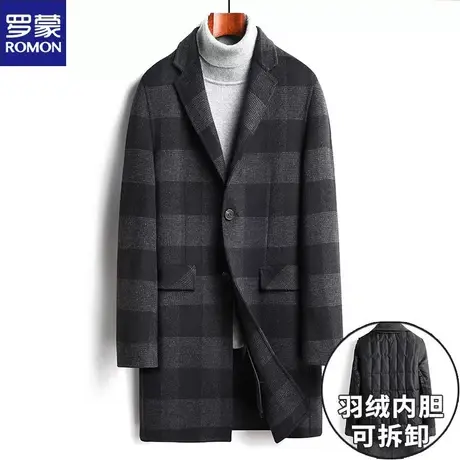 罗蒙中长款羽绒内胆英伦格子羊毛双面毛呢大衣男加厚无羊绒外套图片