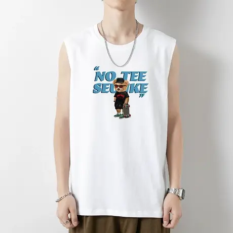 纯棉无袖t恤男士背心2023新款夏季小熊印花健身运动坎肩篮球汗衫商品大图