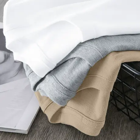 2023新款纯棉长袖t恤男装圆领上衣服潮流宽松纯色白色打底衫秋衣商品大图