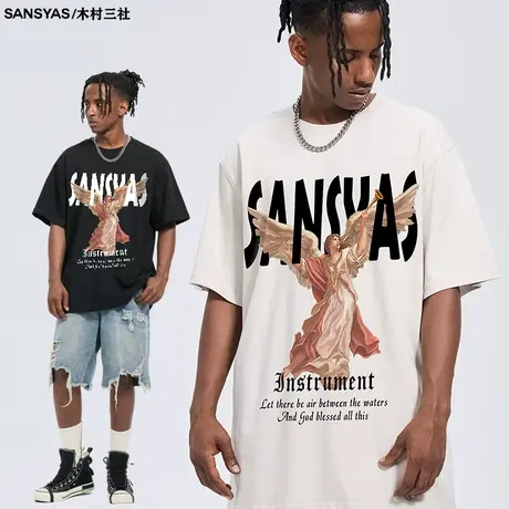 木村三社胜利女神印花美式复古t恤男纯棉潮牌宽松圆领上衣短袖商品大图