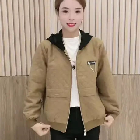 菱格短外套女春秋2023新款休闲宽松百搭小个子棒球服连帽上衣开衫图片