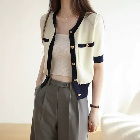 嘉茱莉新款短袖小香风针织衫女短款开衫上衣设计感气质显瘦商品大图