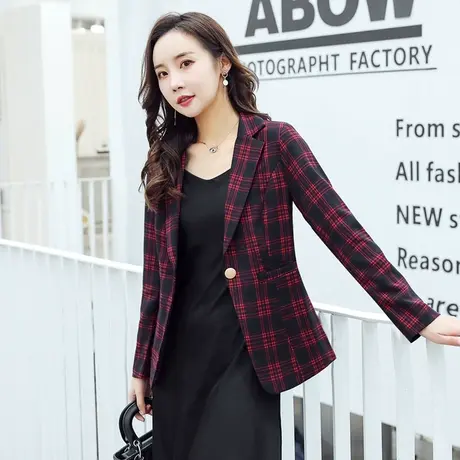 2023秋装新款小西装女外套格子休闲修身长袖西服女上衣韩版英伦风图片