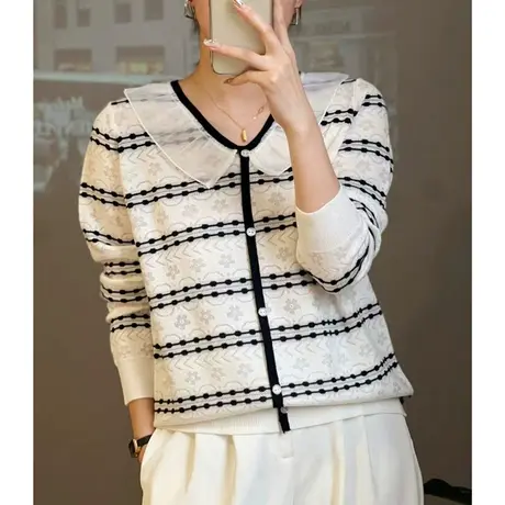 蕾丝拼接针织衫女2023年秋季新款条纹v领内搭设计感长袖打底上衣商品大图