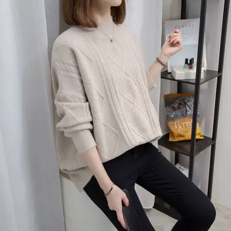 半高领麻花毛衣女加厚打底衫2023秋冬新款慵懒风针织衫内搭上衣潮商品大图
