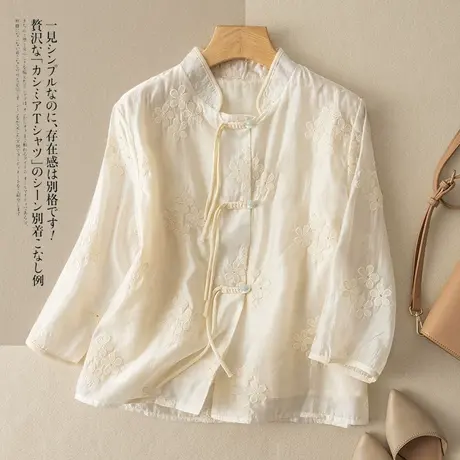 享永子七分袖刺绣天丝上衣女文艺复古宽松高级感气质2023夏季新款图片