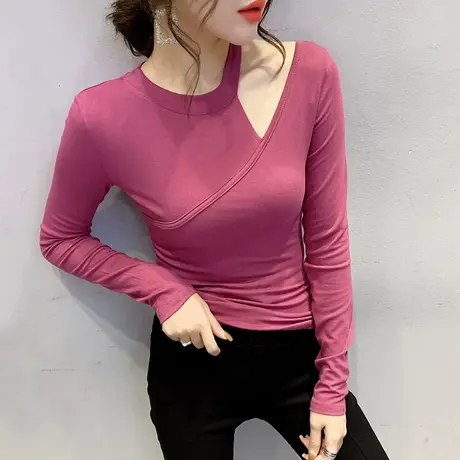 女装2023新款潮性感锁骨露肩T恤女长袖春秋修身小心机上衣打底衫商品大图