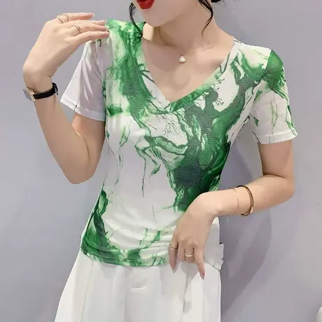 性感网纱短袖打底衫女时尚气质V领t恤2023潮流水墨画设计感上衣夏商品大图