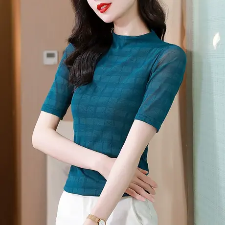 时尚网纱短袖T恤女2023夏季新款洋气百搭上衣别致立领小衫半袖潮商品大图