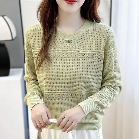 秋装新款2023圆领镂空针织衫上衣女士纯色套头宽松洋气时尚打底衫图片