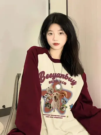 撞色插肩长袖t恤女秋冬新款高级感宽松显瘦洋气减龄爆款小众上衣商品大图