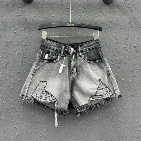 高级感烟灰色百搭个性时尚破洞牛仔短裤女毛边A字阔腿高腰热裤夏图片