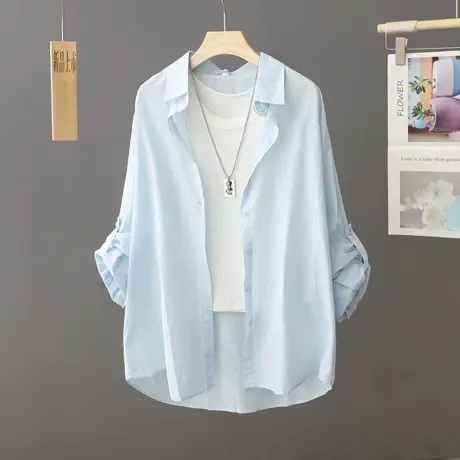 2023夏季新款蓝色防晒衫女长袖衬衫轻薄款外搭开衫外套防晒衣户外商品大图