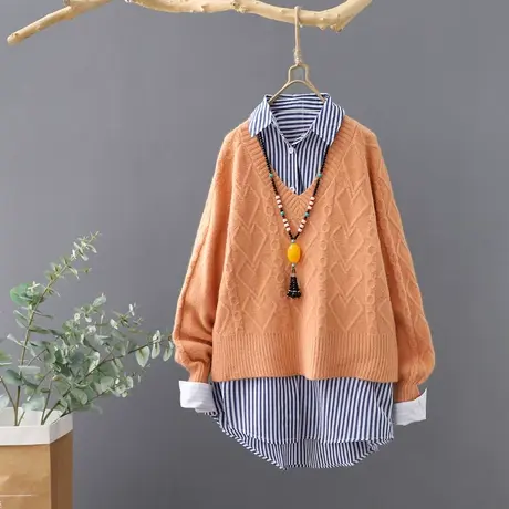 秋冬新款短款长袖V领套头毛衣女慵懒风宽松外套上衣打底毛针织衫图片