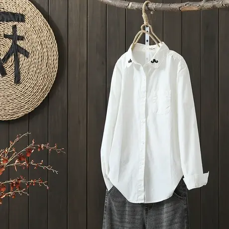 枫谜2022年秋季新款翻领胡子刺绣百搭纯色休闲衬衣商品大图