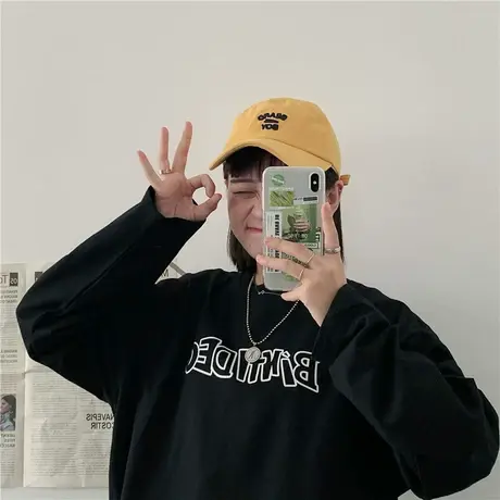 2020秋装新款韩版宽松oversize简约百搭纯棉长袖卫衣女ins潮上衣图片