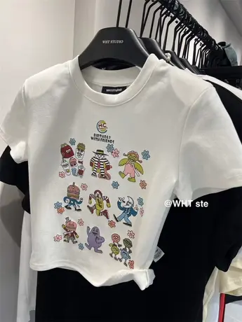 韩国东大门2023春夏新款圆领修身百搭显瘦减龄卡通印花短袖T恤女商品大图