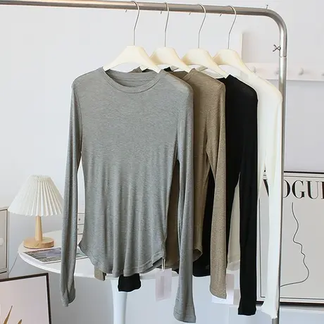 软糯亲肤~桑蚕丝修身长袖t恤女早秋圆领超软莱赛尔内搭打底衫上衣图片