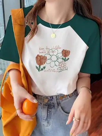 短袖t恤女2023新款插肩袖宽松仿棉拼接设计感上衣大码胖mm显瘦夏图片