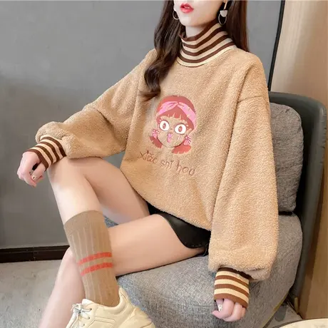 半高领卫衣女秋冬韩版宽松bf慵懒风加绒加厚羊羔绒百搭ins外套潮商品大图