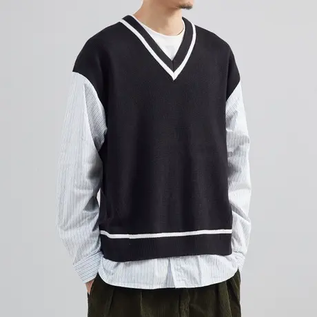 假两件马甲背心秋冬外套坎肩新款针织男毛衣外搭V领韩版宽松外穿图片