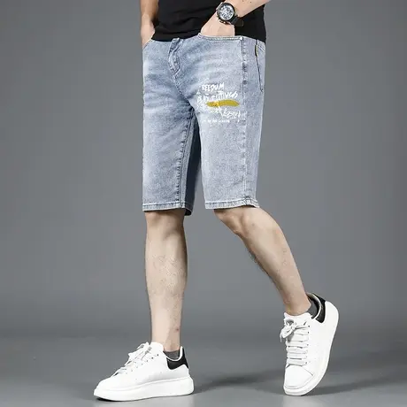 2023新款浅色牛仔短裤男款夏季薄款潮流五分裤修身印花男士休闲裤商品大图