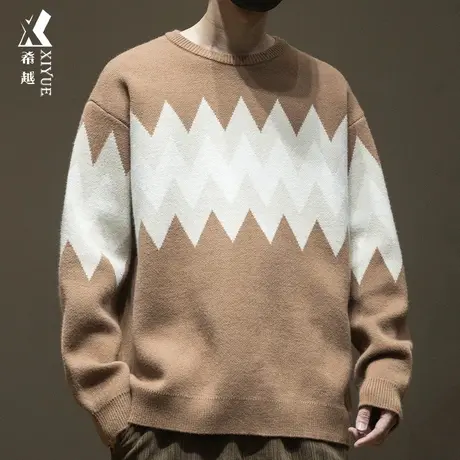 设计感撞色菱形格毛衣男800g重磅7针线衣秋冬宽松大码内搭打底衫商品大图