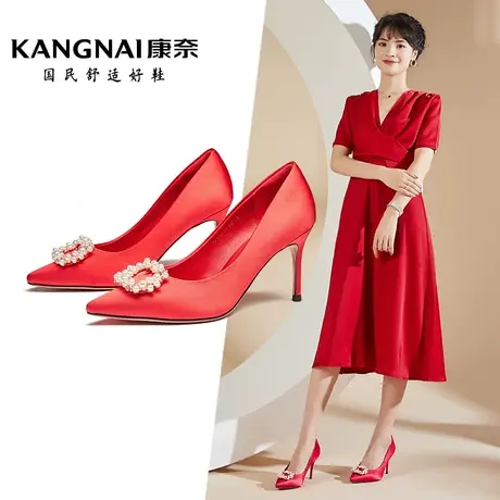 康奈官方女鞋时尚都市春秋季新款舒适轻便耐磨套脚单鞋细跟高跟鞋图片