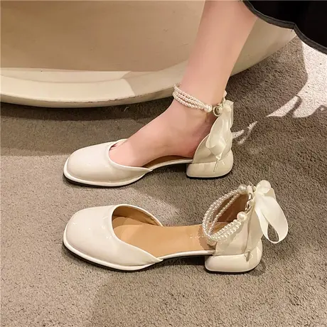 法式复古珍珠玛丽珍鞋女2023新款春秋百搭白色包头凉鞋夏季仙女风商品大图