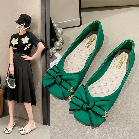 法式复古绿色蝴蝶结单鞋女2023年夏季新款方头浅口仙女奶奶鞋瓢鞋商品大图