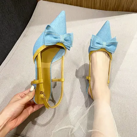 尖头凉鞋女2023年夏季新款设计感小众蝴蝶结百搭一字带细跟高跟鞋商品大图