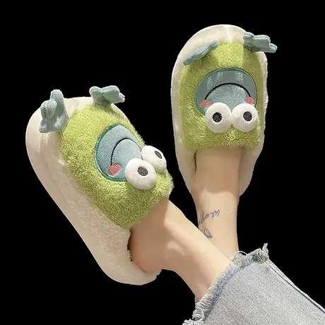 棉拖鞋女秋冬季可爱卡通青蛙毛绒保暖情侣室内居家厚底防滑月子鞋商品大图