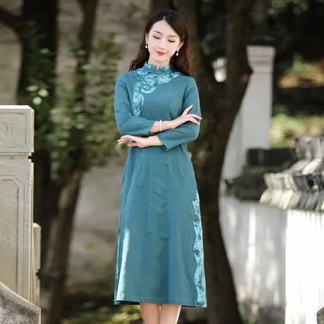 筠雅改良旗袍连衣裙春款禅意女装年轻款小个子时尚复古棉麻连衣裙商品大图