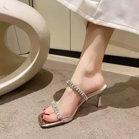 法式一字凉拖鞋女外穿夏季时尚百搭水钻仙女风凉鞋细跟透明高跟鞋图片