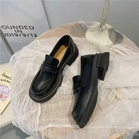 厚底乐福鞋女2024新款英伦风一脚蹬高跟JK小皮鞋米色懒人单鞋复古商品大图