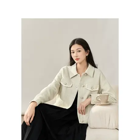茵曼文艺格子肌理翻领落肩袖短外套2023秋女装新款宽松不挑人上衣图片